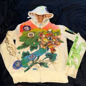 Ed Hardy Floral Graphic Zip Hoodie with Colorful Patches🍀